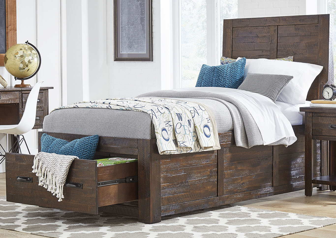 Distressed Brown Twin Panel Storage Bed,Furniture Land
