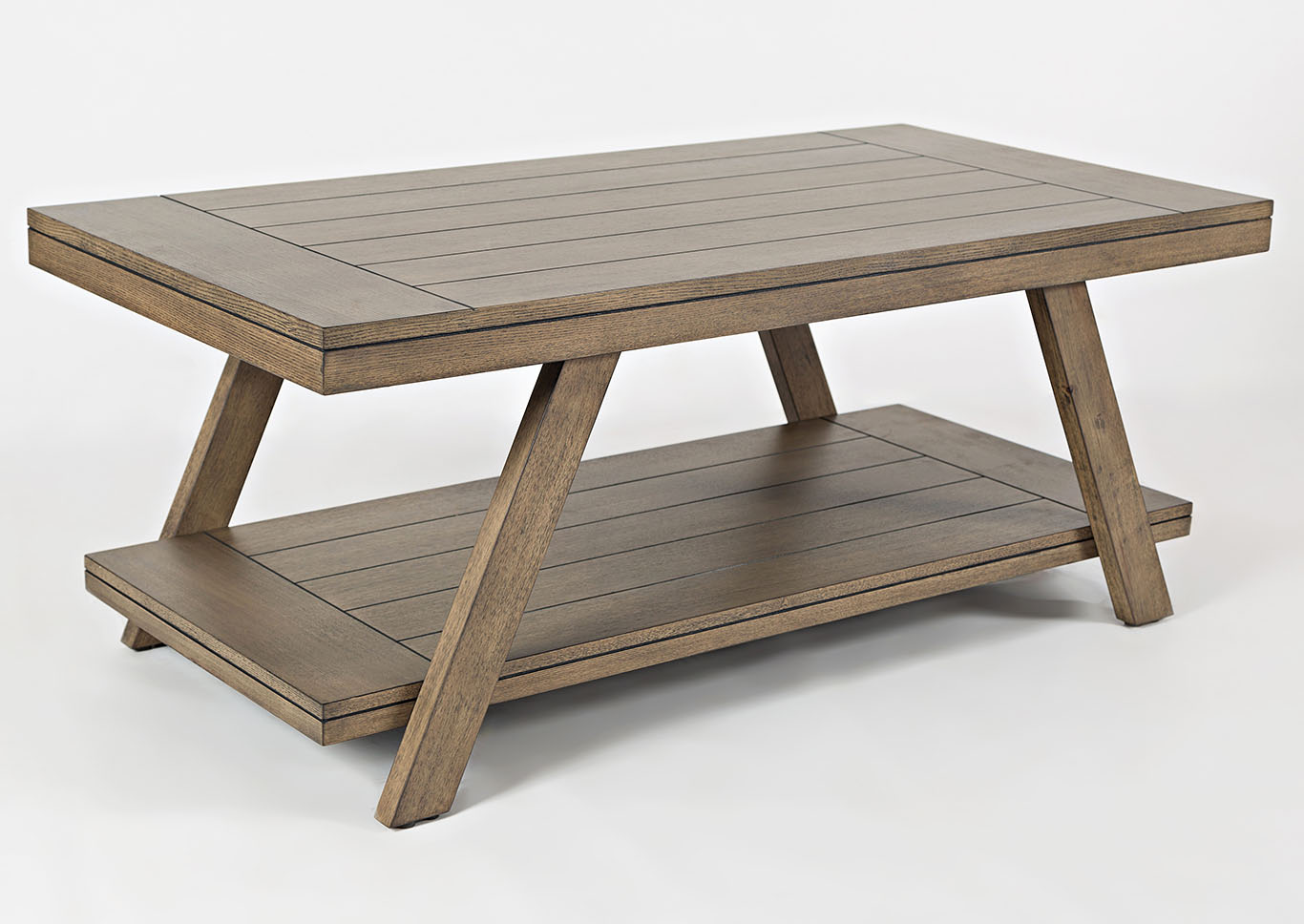 Jofran Living Room Cocktail Table With Plank Top, Angled Legs, Shelf 827906 at FurnitureLand,Furniture Land