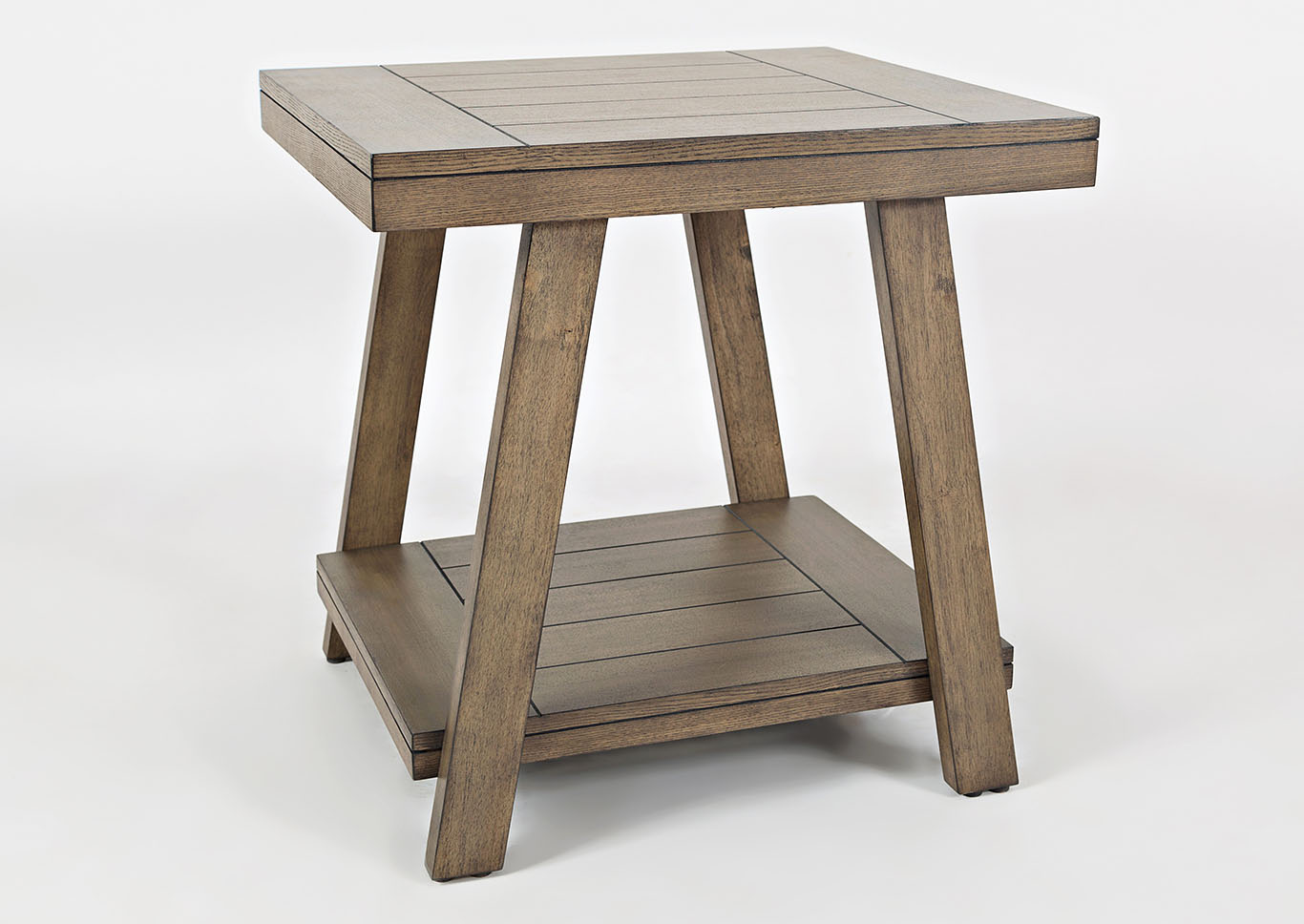 Jofran Living Room End Table With Plank Top, Angled Legs, Shelf 827907 at FurnitureLand,Furniture Land