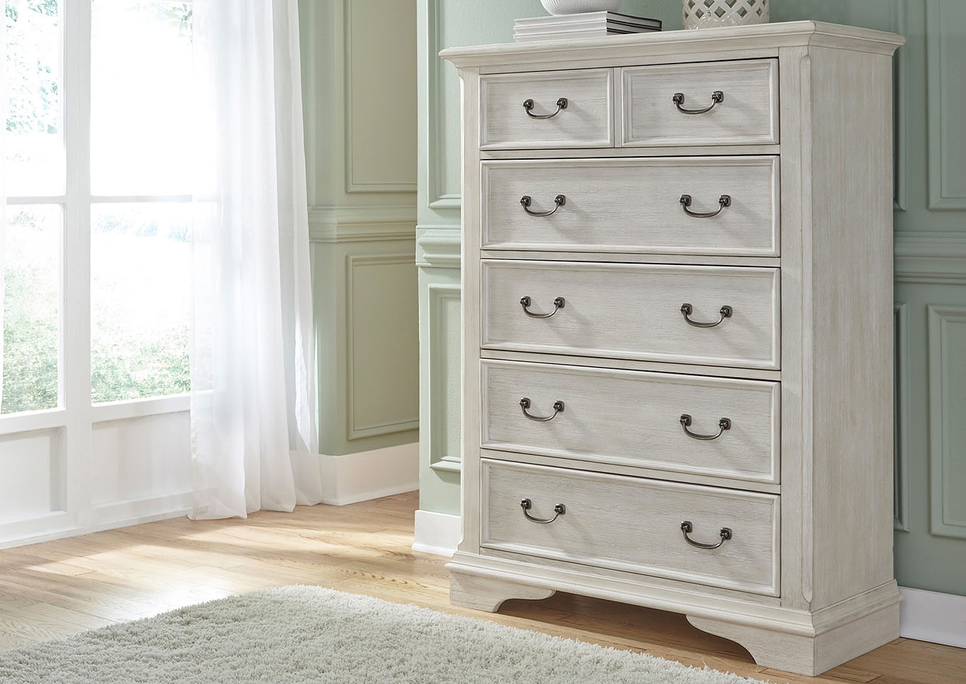 Antique White 5 Drawer Chest,Furniture Land