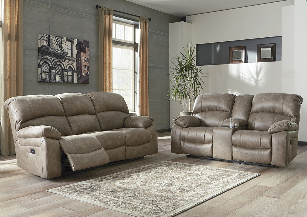 Dunwell Driftwood Power Reclining Sofa and Loveseat w/Adjustable Headrest,Furniture Land