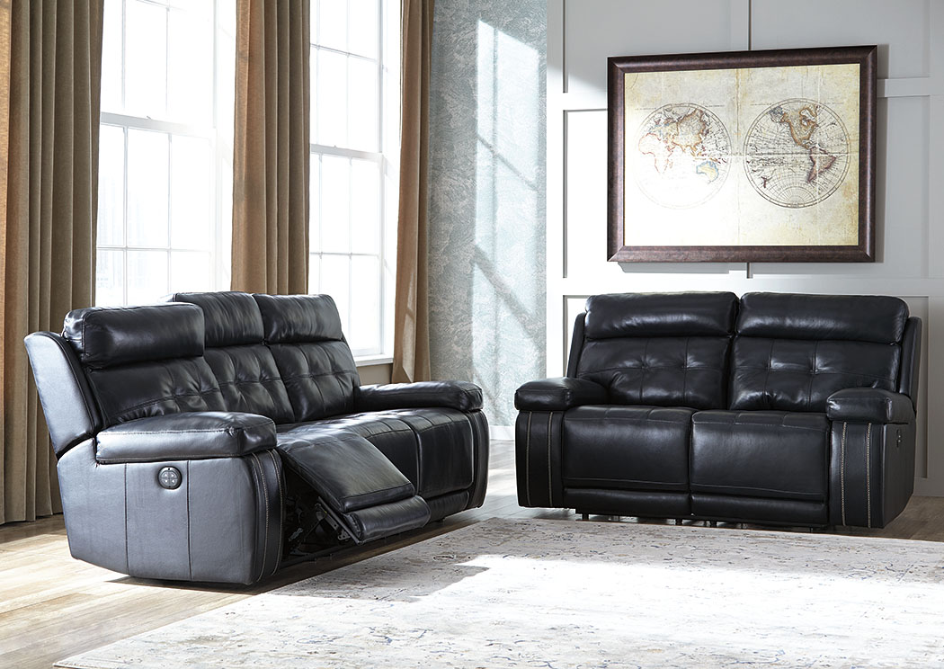 Graford Navy Power Reclining Sofa & Loveseat w/Adjustable Headrest,Furniture Land