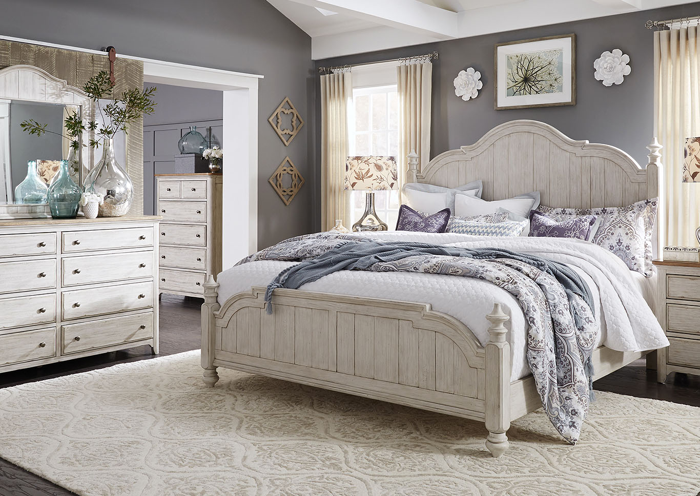 Antique White King Poster Bed,Furniture Land