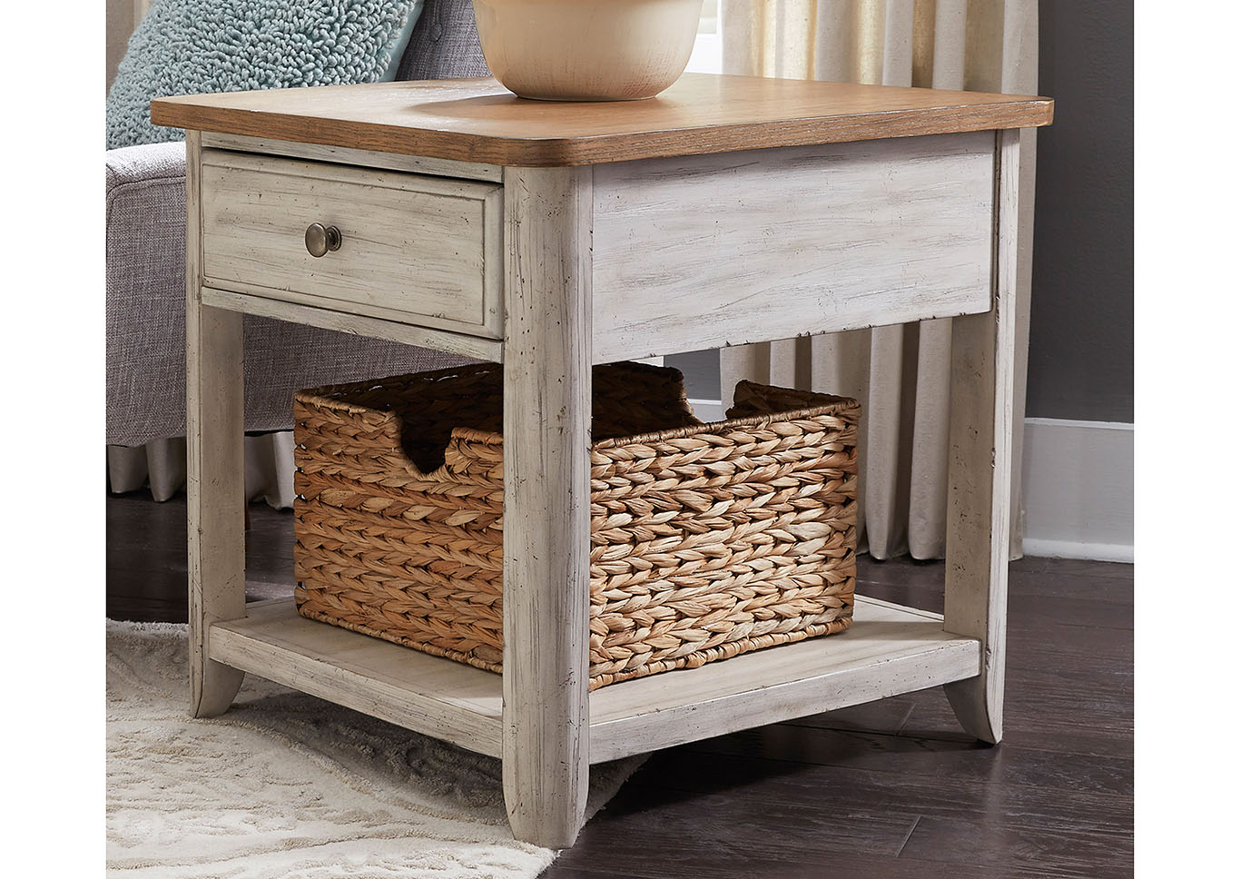 Antique White and Chestnut End Table w/ Basket,Furniture Land