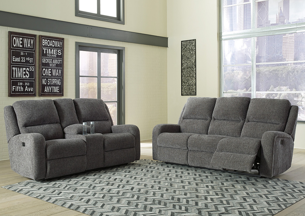 Krismen Charcoal Power Reclining Sofa and Loveseat w/Adjustable Headrest,Furniture Land