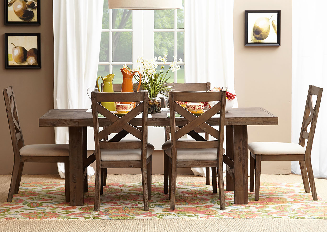 Rustic Sandblasted Trestle Dining Table w/ 4 Side Chairs,Furniture Land